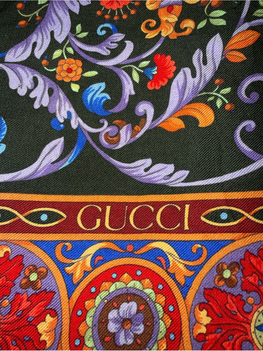 Gucci Vintage Wool & Silk Scarf w/Bird & Floral Motif